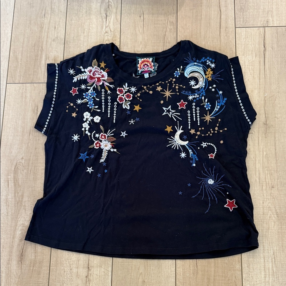 Johnny Was Black Tee with Multicolor Celestial & Floral Embroidery